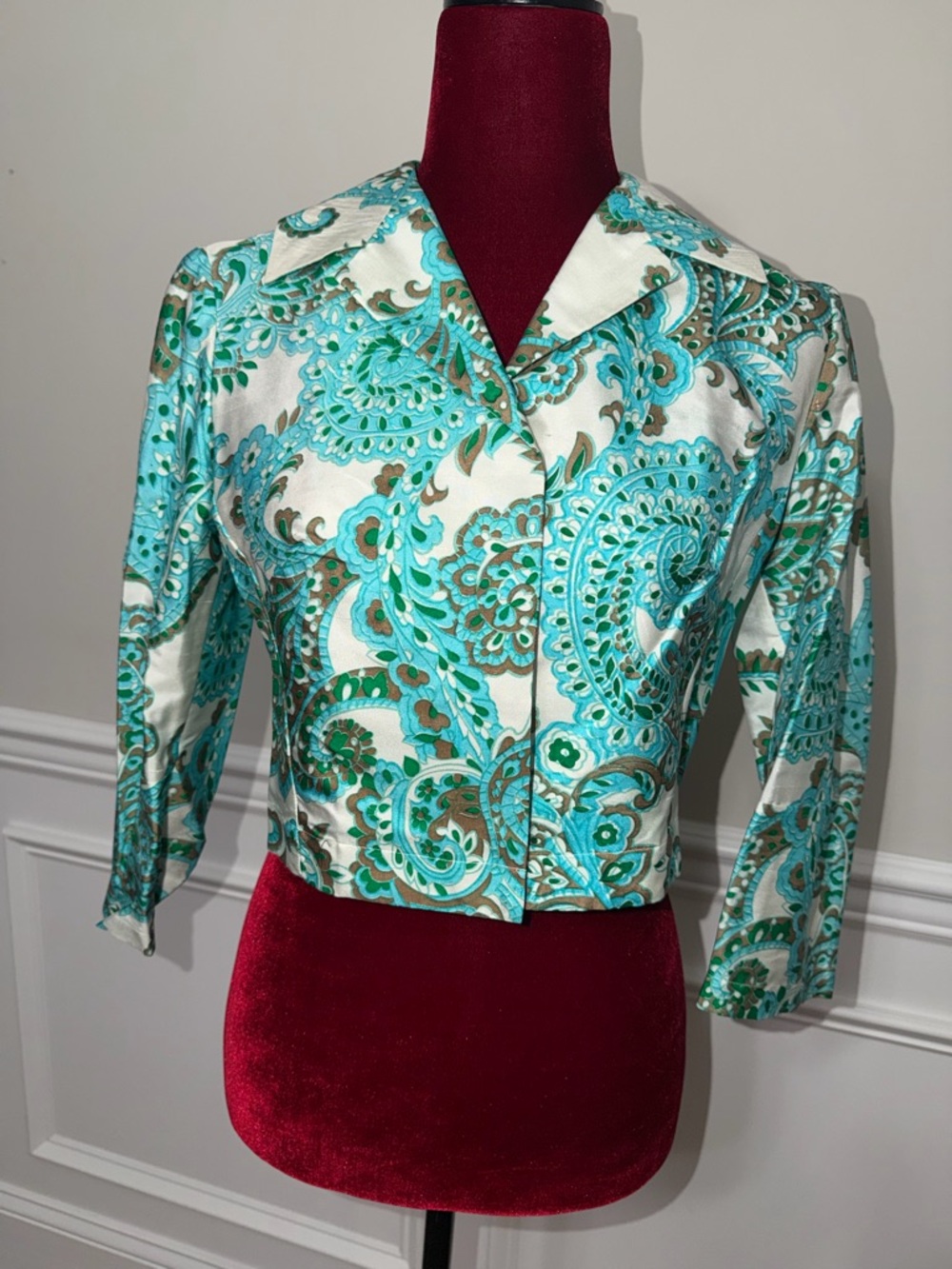 P.A.R.O.S.H. Italy 100% Silk Paisley Cropped Jacket Blazer Teal Brown